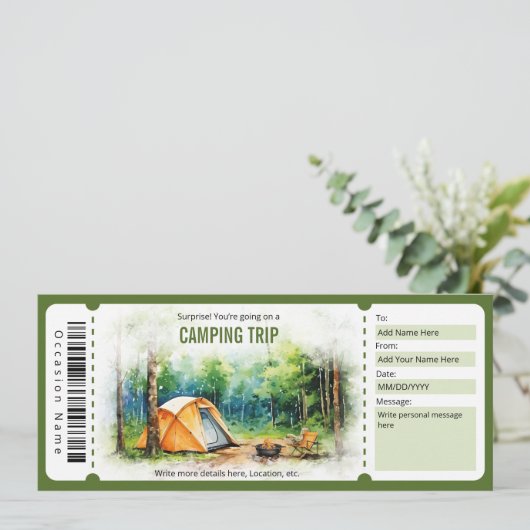 Vorlage für das Camping-Ticket für Überraschungen (Stehend Vorderseite)