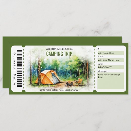 Vorlage für das Camping-Ticket für Überraschungen (Vorne/Hinten)