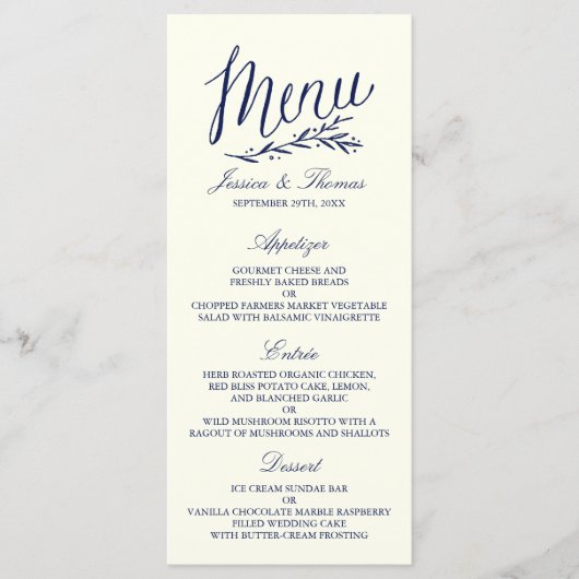 Vorlage für das Chic Navy & Ivory Wedding Menu (Vorderseite)