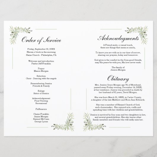 Vorlage für das Foliage-Beerdigungsprogramm (Rückseite)
