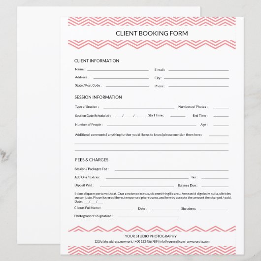 Vorlage für das Fotografen-Sitzungsvertrag (Vorne/Hinten)