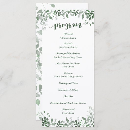 Vorlage für das Greenery Wedding Programm (Vorne/Hinten)