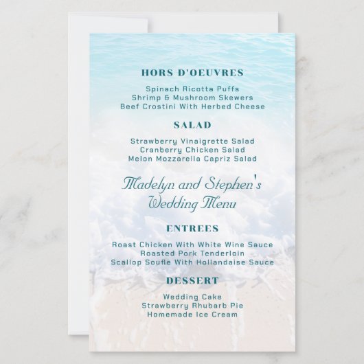 Vorlage für das Hochzeitmenü am Ocean Beach (Vorderseite)