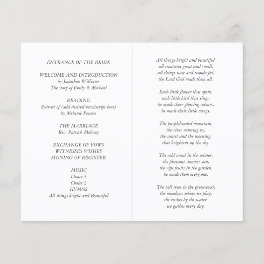 Vorlage für das Hochzeitsprogramm (Rückseite)