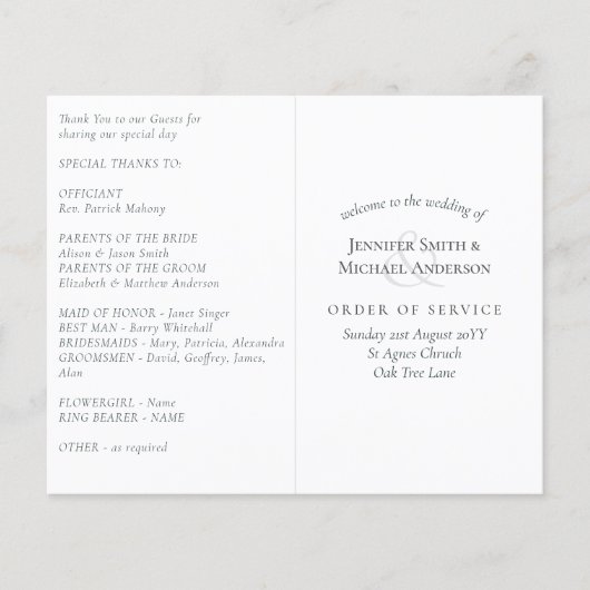 Vorlage für das Hochzeitsprogramm (Vorderseite)