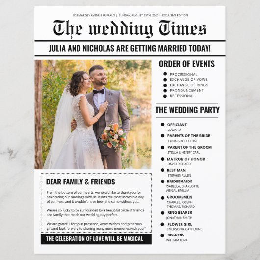 Vorlage für das Hochzeitsprogramm (Vorderseite)