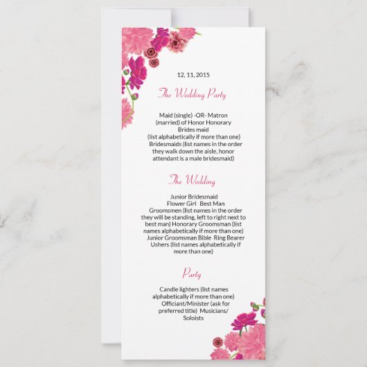 Vorlage für das Hochzeitsprogramm (Rückseite)