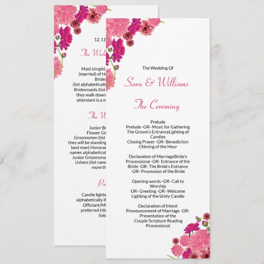 Vorlage für das Hochzeitsprogramm (Vorne/Hinten)