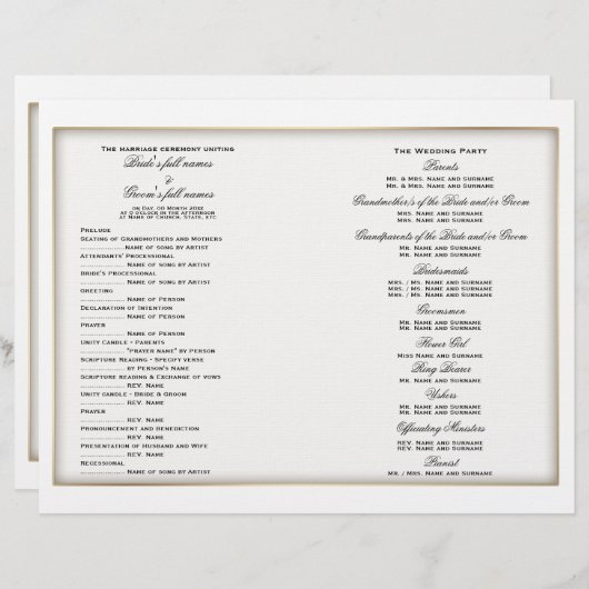 Vorlage für das Hochzeitsprogramm (Vorne/Hinten)