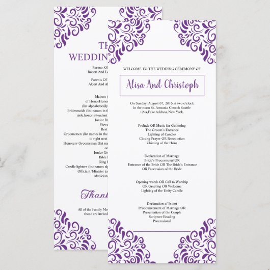 Vorlage für das Hochzeitsprogramm (Vorne/Hinten)