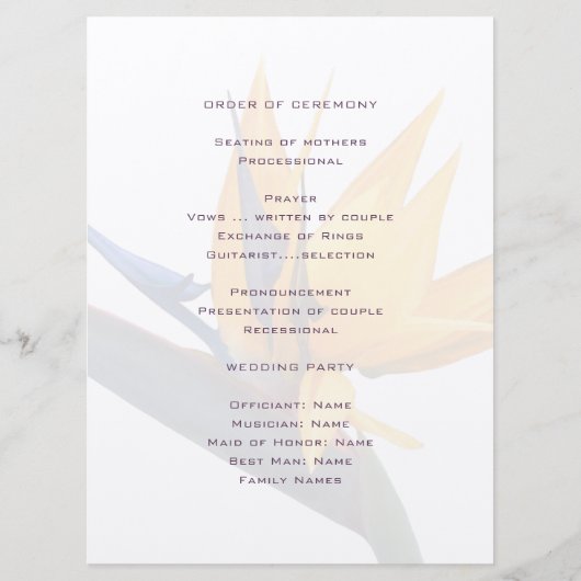 Vorlage für das Hochzeitsprogramm im Paradies (Rückseite)