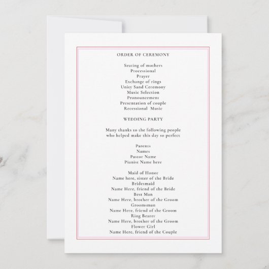 Vorlage für das Lässige Hochzeitsprogramm Pink Plu (Rückseite)