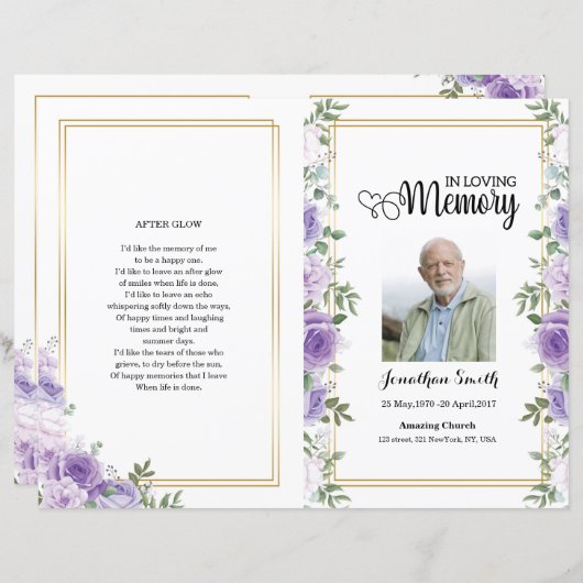 Vorlage für das lila Beerdigungsprogramm (Vorne/Hinten)