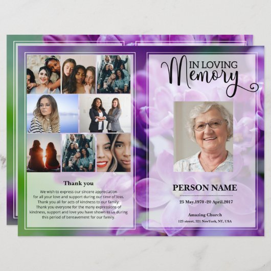 Vorlage für das lila Beerdigungsprogramm (Vorne/Hinten)