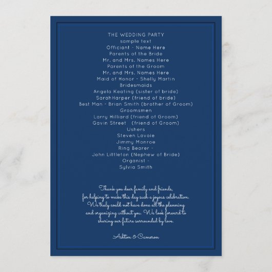 Vorlage für das Navy Blue Wedding Program (Rückseite)