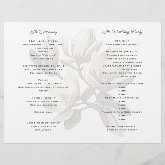 Vorlage für das Südmagnolia-Hochzeitsprogramm (Rückseite)