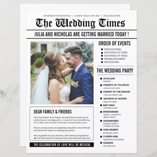 Vorlage für das Wedding Newspaper Programm (Vorne/Hinten)