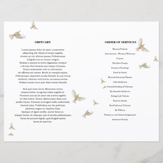 Vorlage für das White-Dove-Beerdigungsprogramm (Rückseite)