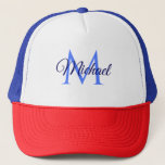 Vorlage für den Anfangsbuchstaben eines benutzerde Truckerkappe<br><div class="desc">Custom Monogram Initial Letter Name Template Elegant Trendy Navy Blue Trucker Hut.</div>