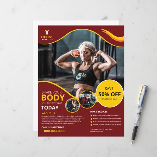 Vorlage für den Flyer von Gym Fitness Club Werbeak (Vorderseite/Rückseite Beispiel)