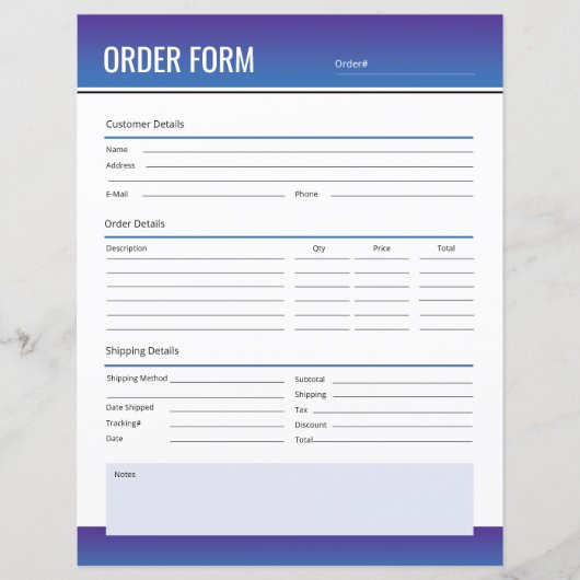 Vorlage für die Bestellung (Vorderseite)