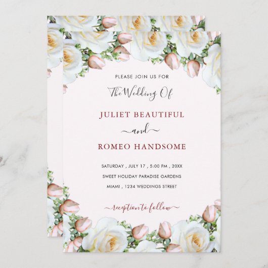 Vorlage für die Einladung von weißen Rosenrahmen (Vorne/Hinten)