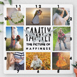 Vorlage für die Fotoauflistung in der Familie | 8  Quadratische Wanduhr<br><div class="desc">Diese elegante, moderne Foto Collage Square Uhr ist komplett anpassbar. Fügen Sie insgesamt 8 Foto mit den angegebenen Vorlagen hinzu. Das Design-Raum ist Set bis zu 4 quadratische Foto in den Ecken, zusammen mit 2 horizontalen / landschaftlichen Fotos und 2 vertikale / portrait Fotos. Das Wort "Familie" ist Teil des...</div>