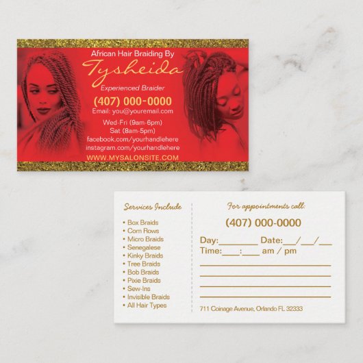 Vorlage für die Frisur-Braiding-Visitenkarte Terminkarte (Vorne/Hinten)