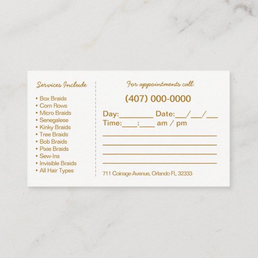 Vorlage für die Frisur-Braiding-Visitenkarte Terminkarte (Rückseite)
