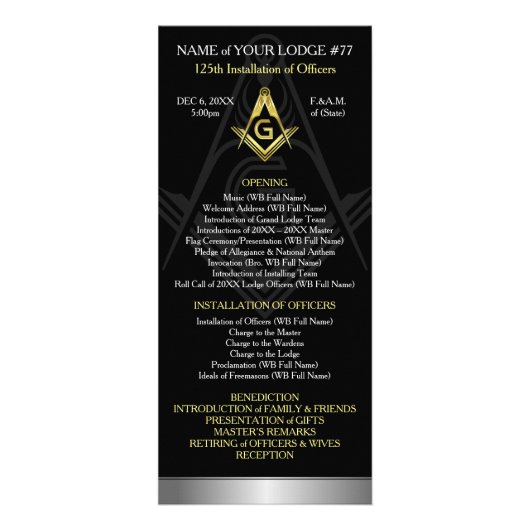 Vorlage für die Masonic Rack Card | Schwarz, Gold  Werbekarte (Vorne)
