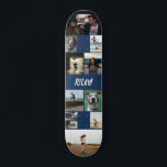 Vorlage für die Namensnennung Navy-Fotocollage hin Skateboard<br><div class="desc">Anpassbare Skateboard mit einer Fotovorlage, zu der Sie zwölf eigene Fotos und Ihren Namen in einem Not leidenden Grunge-Schriftart vor einem marineblauen Hintergrund hinzufügen können. Cooles Foto Collage Skateboard personalisiert mit Ihrem Namen und 12 Fotos in verschiedenen Größen und Formen. Zeigen Sie Ihre Lieblingsfotos beim Skate mit diesem personalisierten Skateboard,...</div>