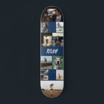 Vorlage für die Namensnennung Navy-Fotocollage hin Skateboard<br><div class="desc">Anpassbare Skateboard mit einer Fotovorlage, zu der Sie zwölf eigene Fotos und Ihren Namen in einem Not leidenden Grunge-Schriftart vor einem marineblauen Hintergrund hinzufügen können. Cooles Foto Collage Skateboard personalisiert mit Ihrem Namen und 12 Fotos in verschiedenen Größen und Formen. Zeigen Sie Ihre Lieblingsfotos beim Skate mit diesem personalisierten Skateboard,...</div>