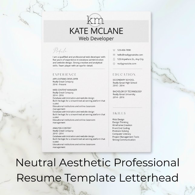 Vorlage für die neutrale ästhetische Berufliche Wi Briefbogen (Neutral Aesthetic Professional Resume Template Letterhead)