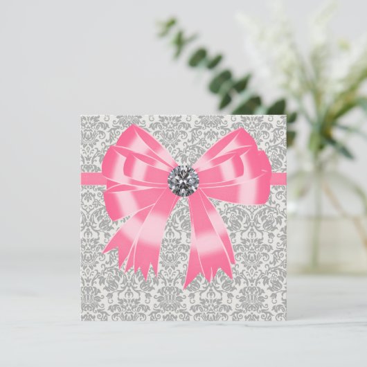 Vorlage für die rosa graue Damaske-Party Einladung (Stehend Vorderseite)