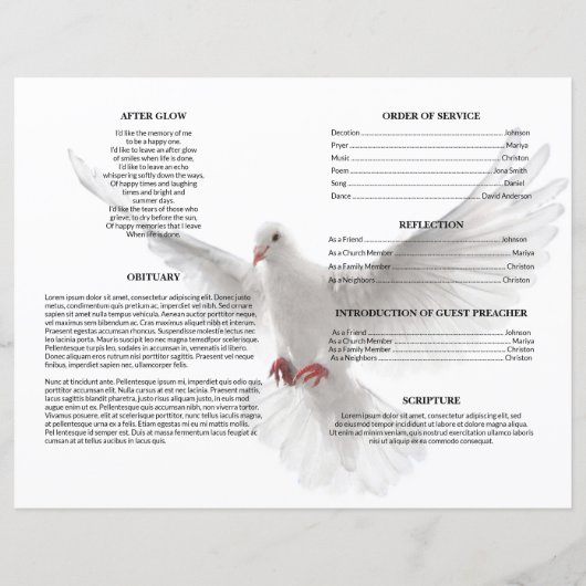 Vorlage für die White Dove-Beerdigung (Rückseite)