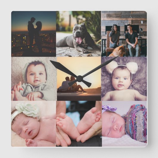 Vorlage für neun FotoCollage Quadratische Wanduhr (Vorderseite)