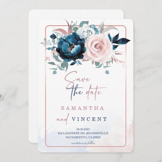 Vorlage für Rose, Gold und Navy Blue Save the Date (Vorne/Hinten)