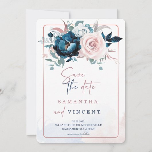 Vorlage für Rose, Gold und Navy Blue Save the Date (Vorderseite)