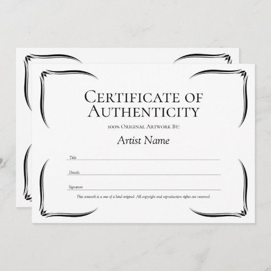 Vorlage für Schwarz-Weiß-Echtheitszertifikate (Vorne/Hinten)