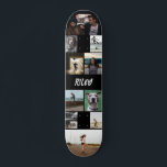 Vorlage für schwarze Fotocollage hinzufügen Skateboard<br><div class="desc">Anpassbare Skateboard mit einer Fotovorlage, zu der Sie zwölf eigene Fotos und Ihren Namen in einem Not leidenden Grunge-Schriftart auf schwarzem Hintergrund hinzufügen können. Cooles Foto Collage Skateboard personalisiert mit Ihrem Namen und 12 Fotos in verschiedenen Größen und Formen. Zeigen Sie Ihre Lieblingsfotos beim Skate mit diesem personalisierten Skateboard, das...</div>