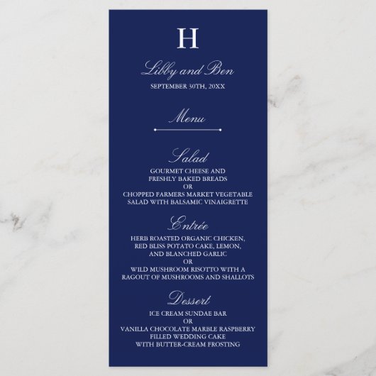 Vorlage für trendy Navy & White Wedding Menüs (Vorderseite)
