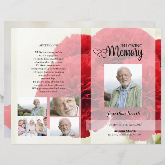 Vorlage zum Beerdigungsprogramm für rote Nelken (Vorne/Hinten)