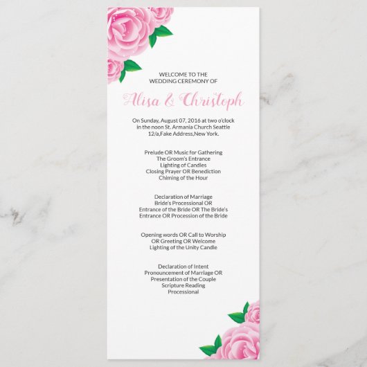 Vorlagen des Hochzeitsprogramms für die Feier (Vorderseite)