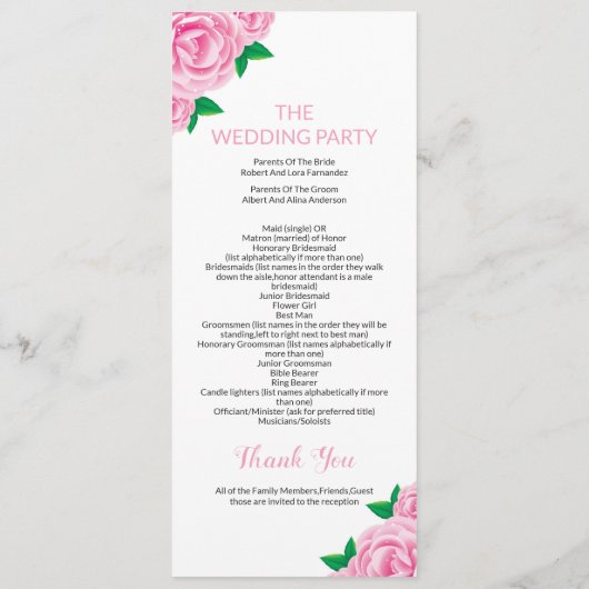 Vorlagen des Hochzeitsprogramms für die Feier (Rückseite)