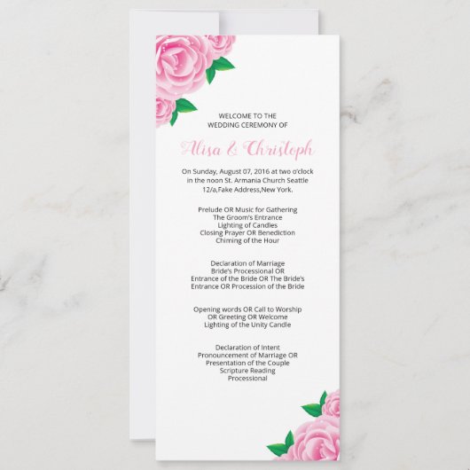 Vorlagen des Hochzeitsprogramms für die Feier (Vorderseite)