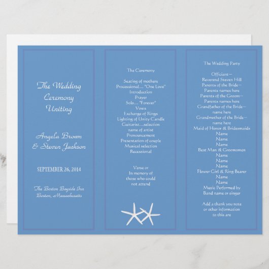Vorlagen zum Hochzeitsprogramm "Blue Starfish" (Vorne/Hinten)