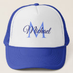 Vorlagenname für mit Monogramm Anfangsbuchstaben U Truckerkappe<br><div class="desc">Mit Monogramm Initial Letter Name Template Unisex Elegant Trendy White und Royal Blue Trucker Hut.</div>