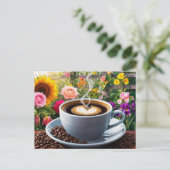 Vormittags Kaffee-Cup und schöner Blumengarten Postkarte (Stehend Vorderseite)
