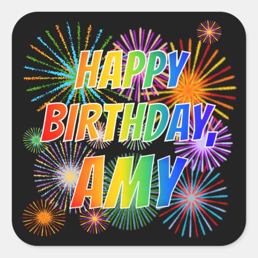 Vorname "AMY", Fun "HAPPY BIRTHDAY" Quadratischer Aufkleber (Vorderseite)