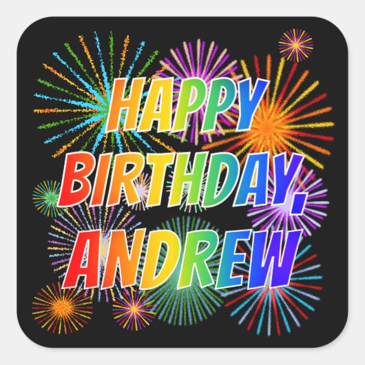 Vorname "ANDREW", Fun "HAPPY BIRTHDAY" Quadratischer Aufkleber (Vorderseite)